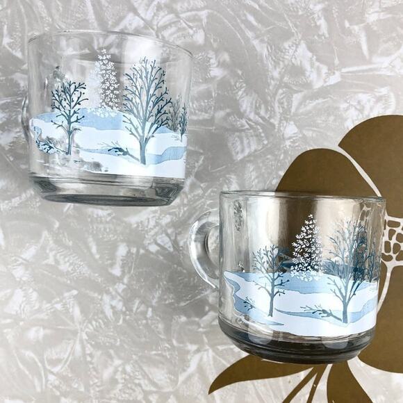 Vintage 1970's Anchor Hocking Blue White Winter Tree Glass Coffee Tea Mugs Cups - Picture 3 of 10